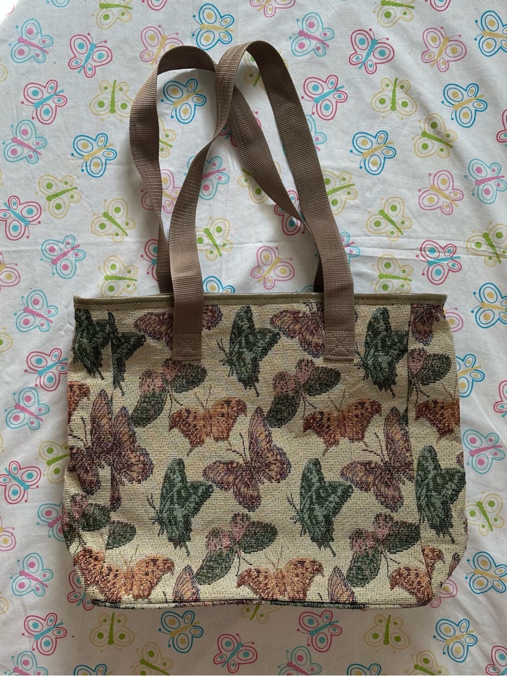 Vintage Taupe Butterfly Print Tapestry Tote Bag - Picture 2 of 7